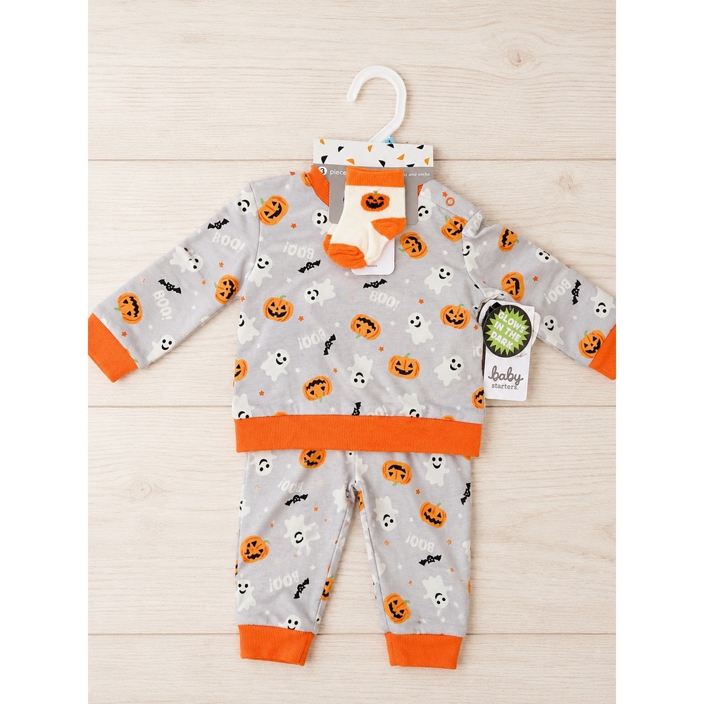 Baby Starters Halloween 3 Piece Outfit Set 6M Pumpkin Ghost Glow in Dark NWT